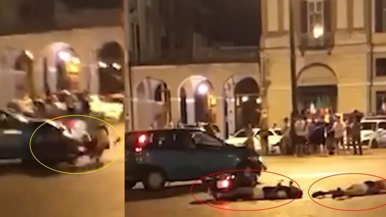 Shqiptari përplas motorin me 2 pasagjerë, aksidenti i rëndë filmohet live